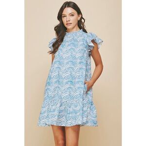 Pinch Zebra Print Blue & White Knee Length Pocket Dress Flutter Sleeve Small
